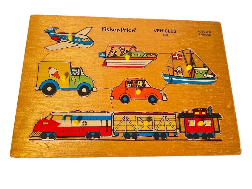 Vintage 1979 Fisher Price Wood Childrens Puzzle 8 Piece Vehicles #508 Wooden Toy